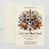 刺繍されたパステルゴシックのドクロ 秋の花 招待状 (正面/裏面)