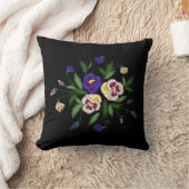 刺繍されたパンジー 紫 青 白 花束 クッション (ブランケット)