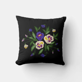 刺繍されたパンジー 紫 青 白 花束 クッション