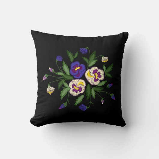 刺繍されたパンジー 紫 青 白 花束 クッション (正面)