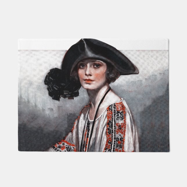 刺繍されたブラウスの女性 ドアマット (正面)