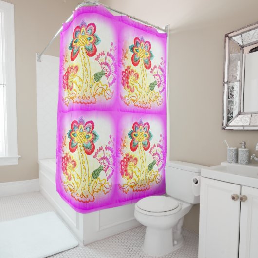 刺繍されたヤシの木ピンク シャワーカーテン (インサイチュ)