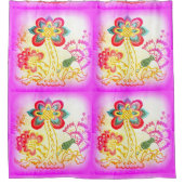 刺繍されたヤシの木ピンク シャワーカーテン (正面)