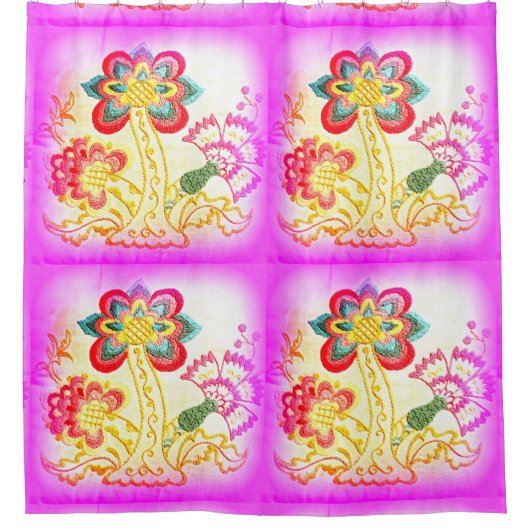 刺繍されたヤシの木ピンク シャワーカーテン (正面)