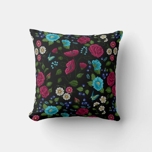 刺繍された民俗スタイルのピンクブルーの花柄ブラック クッション (正面)