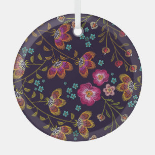 刺繍された花:ファッションシームレスなパターン ガラスオーナメント