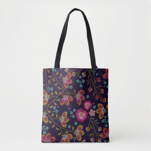 刺繍された花：ファッションシームレスなパターン トートバッグ (正面)