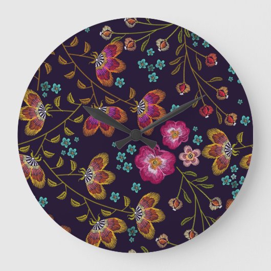 刺繍された花:ファッションシームレスなパターン ラージ壁時計 (正面)