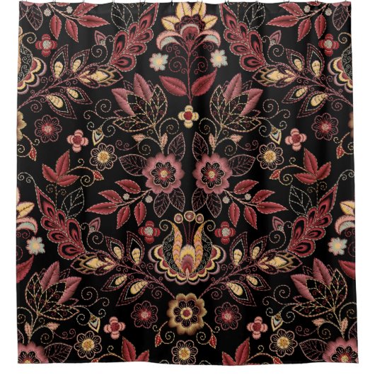 刺繍された花、暗いヴィンテージ優雅さ シャワーカーテン (正面)