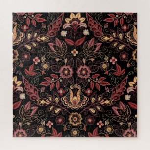 刺繍された花、暗いヴィンテージ優雅さ ジグソーパズル