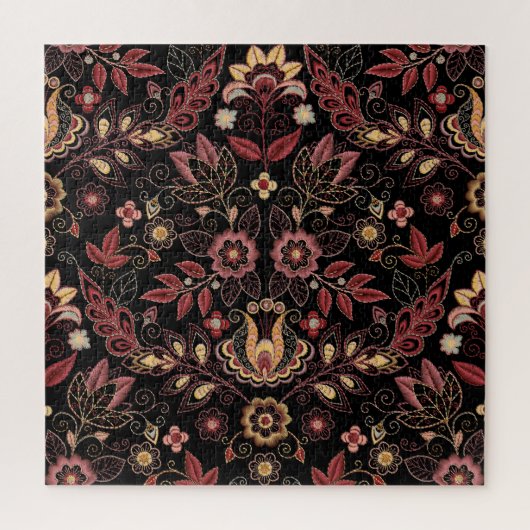 刺繍された花、暗いヴィンテージ優雅さ ジグソーパズル (縦)