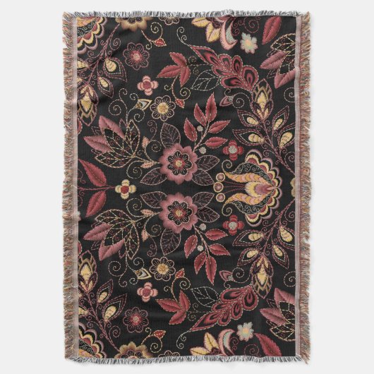 刺繍された花、暗いヴィンテージ優雅さ スローブランケット (正面縦)