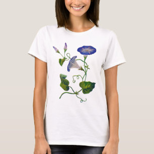 刺繍された青い朝顔 Tシャツ