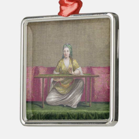 刺繍しているトルコの女の子18世紀(engravin メタルオーナメント (左)