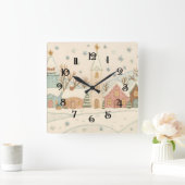 刺繍のクリスマス雪景色の村のシーン スクエア壁時計 (ホーム)