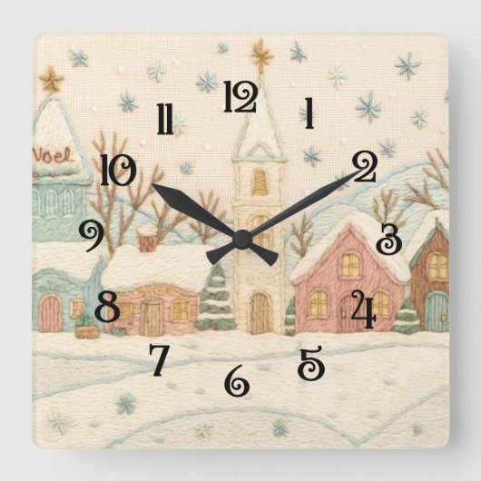 刺繍のクリスマス雪景色の村のシーン スクエア壁時計 (正面)