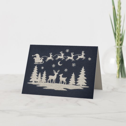 刺繍のクリスマス 森の動物 サンタのそり シーズンカード (正面)