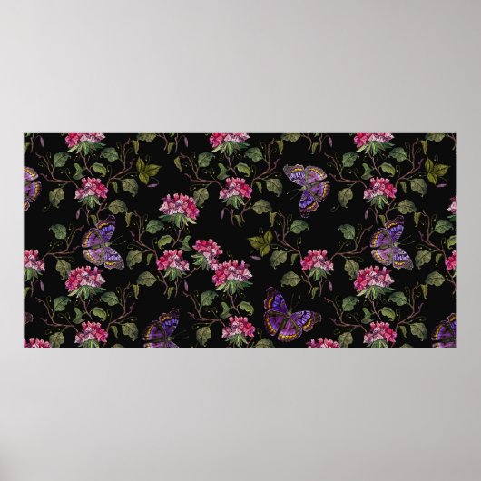 刺繍のダチュラ花と蝶の継ぎ目なし ポスター (正面)