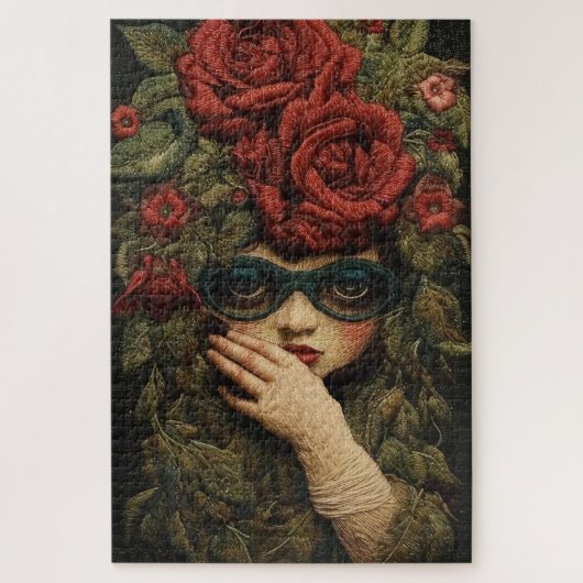 刺繍のバラとメガネの少女 ジグソーパズル (縦)