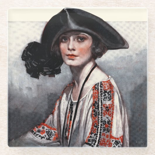 刺繍のブラウスを着た女性 ガラスコースター (正面)