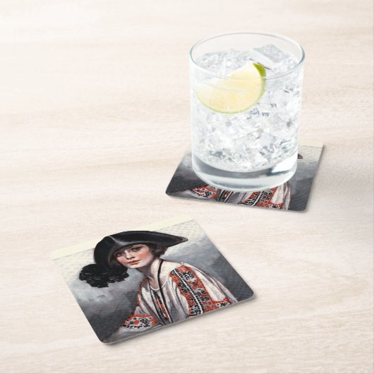 刺繍のブラウスを着た女性 スクエアペーパーコースター (インサイチュ)