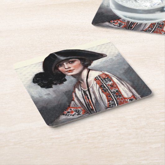 刺繍のブラウスを着た女性 スクエアペーパーコースター (アングル)