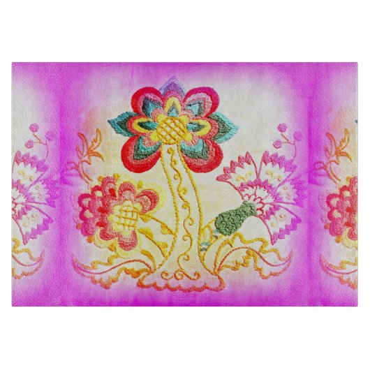 刺繍の入ったピンクのヤシの木のガラス切り板 カッティングボード (正面)