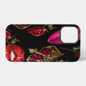 刺繍の唇とバラの花冠 シームレス パターン iPhoneケース (裏面横)