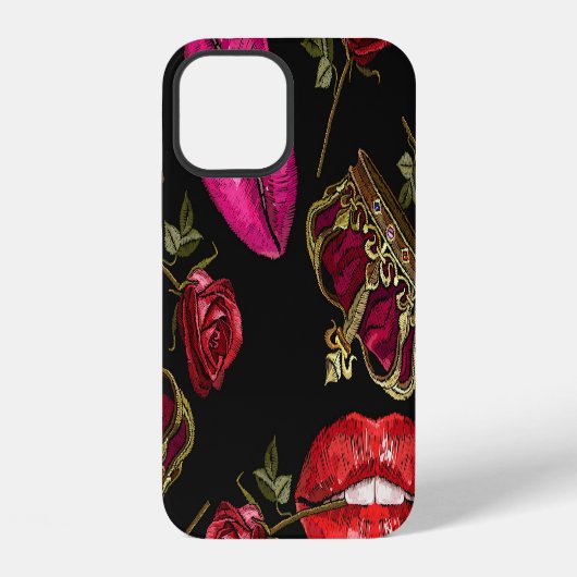 刺繍の唇とバラの花冠 シームレス パターン iPhoneケース (裏面)
