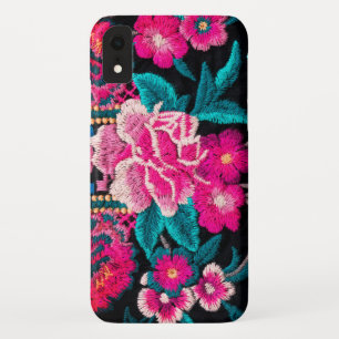刺繍の外観フローラボホブラックピンク iPhone XRケース