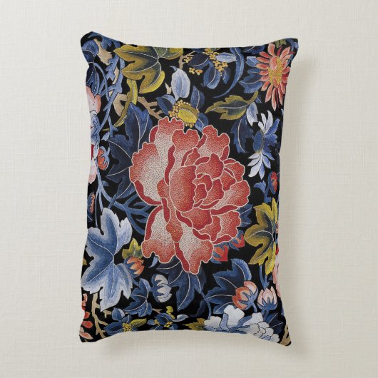 刺繍の濃紺の珊瑚のピンクの花のシャクヤク アクセントクッション (裏面(縦))