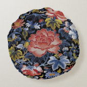 刺繍の濃紺の珊瑚のピンクの花のシャクヤク ラウンドクッション (裏面)