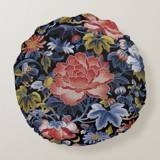刺繍の濃紺の珊瑚のピンクの花のシャクヤク ラウンドクッション (裏面)
