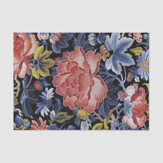 刺繍の濃紺の珊瑚のピンクの花のシャクヤク 薄葉紙 (正面)