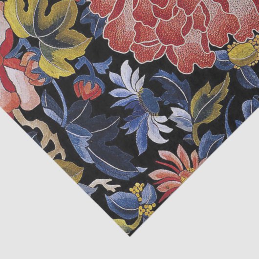 刺繍の濃紺の珊瑚のピンクの花のシャクヤク 薄葉紙 (詳細)