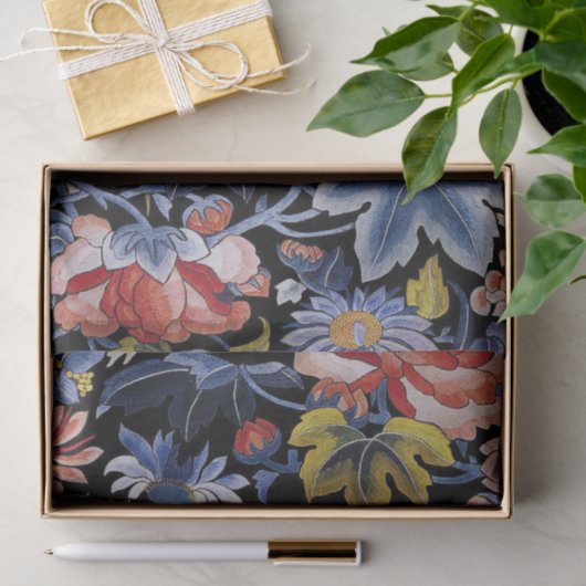 刺繍の濃紺の珊瑚のピンクの花のシャクヤク 薄葉紙 (ギフト)