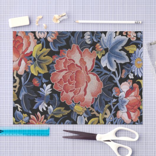 刺繍の濃紺の珊瑚のピンクの花のシャクヤク 薄葉紙 (クラフト)