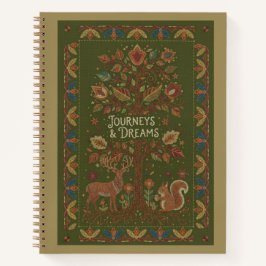 刺繍の鹿とリスが描かれた Journeys & Dreams ノートブック