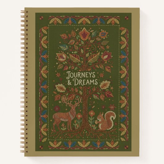 刺繍の鹿とリスが描かれた Journeys & Dreams ノートブック (正面)