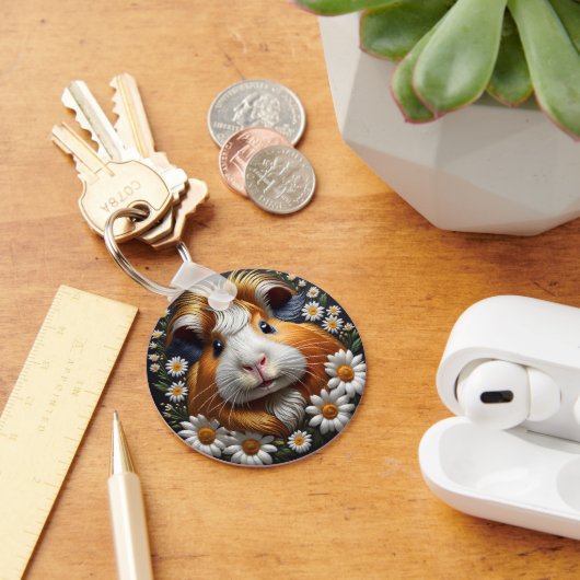 刺繍ギニブタとデイジー キーホルダー (デスク)