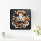 刺繍ギニブタとデイジー スクエア壁時計 (ホーム)