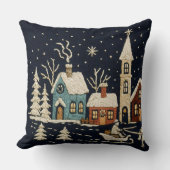 刺繍クリスマススノーウィリービレッジシーンブルー クッション (正面)