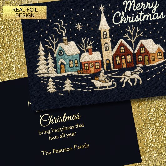 刺繍クリスマススノーウィリービレッジシーンブルー 箔シーズンカード