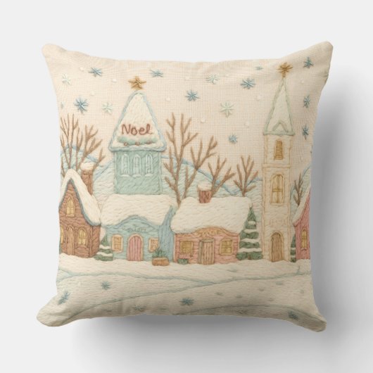刺繍クリスマススノーヴィレッジシーン クッション (正面)