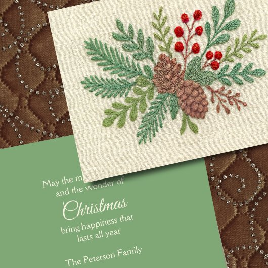 刺繍クリスマスフローラスポリピネコーンレッド シーズンカード