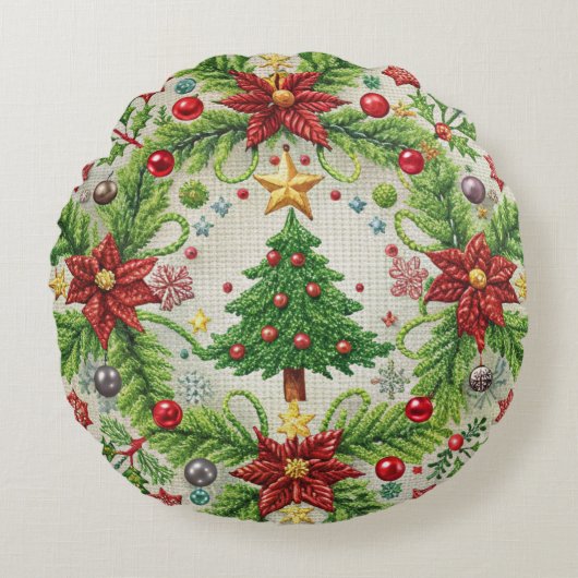 刺繍クリスマス装飾用クッションフェスティバルホリデー ラウンドクッション (正面)
