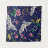 刺繍クレーンと花、ヴィンテージシームレスp タペストリー (正面(横))