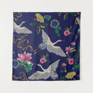 刺繍クレーンと花、ヴィンテージシームレスp タペストリー