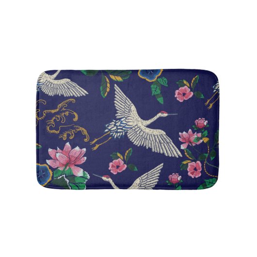 刺繍クレーンと花、ヴィンテージシームレスp バスマット (正面)