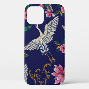 刺繍クレーンと花、ヴィンテージシームレスp iPhone 12ケース